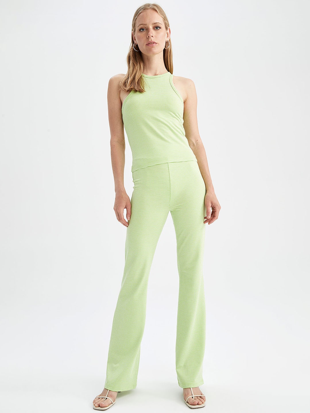 

DeFacto Women Checked Bootcut Trousers, Lime green