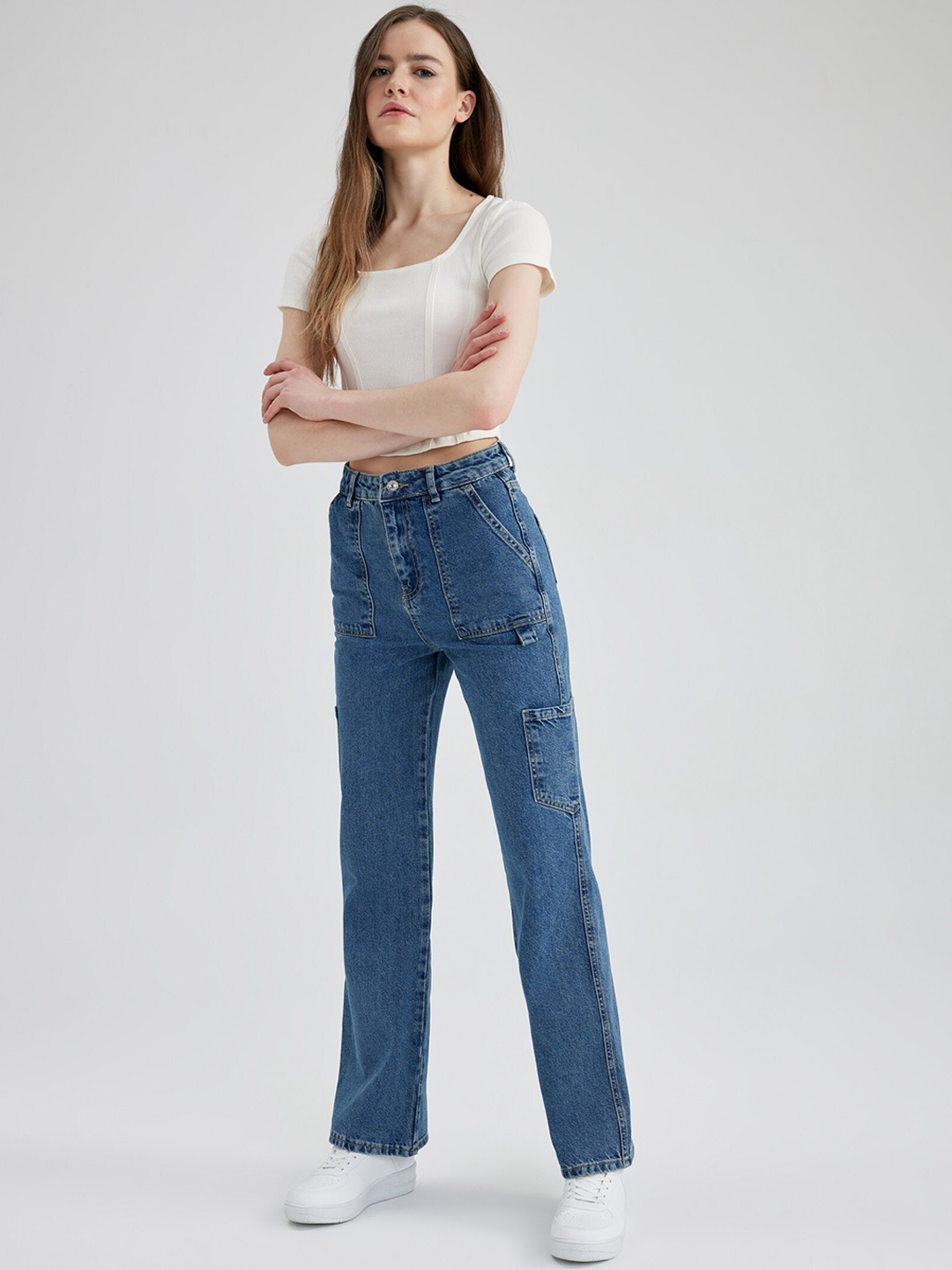

DeFacto Women High-Rise Pure Cotton Jeans, Blue