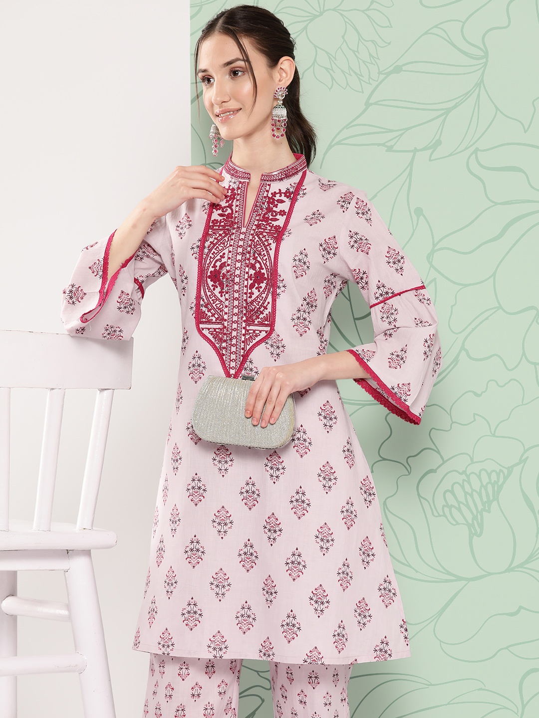 

Nayam By Lakshita Embroidered Printed Pure Cotton Tunic & Palazzos Set, Pink