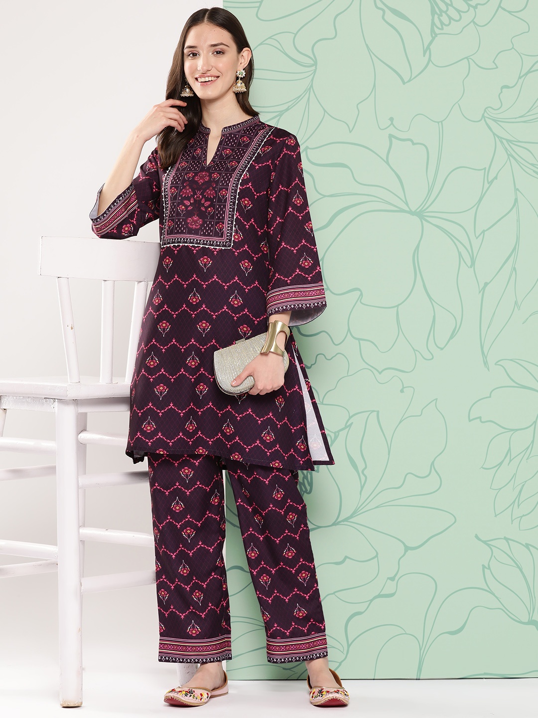 

Nayam By Lakshita Floral Printed Embellished Tunic & Palazzos Set, Burgundy