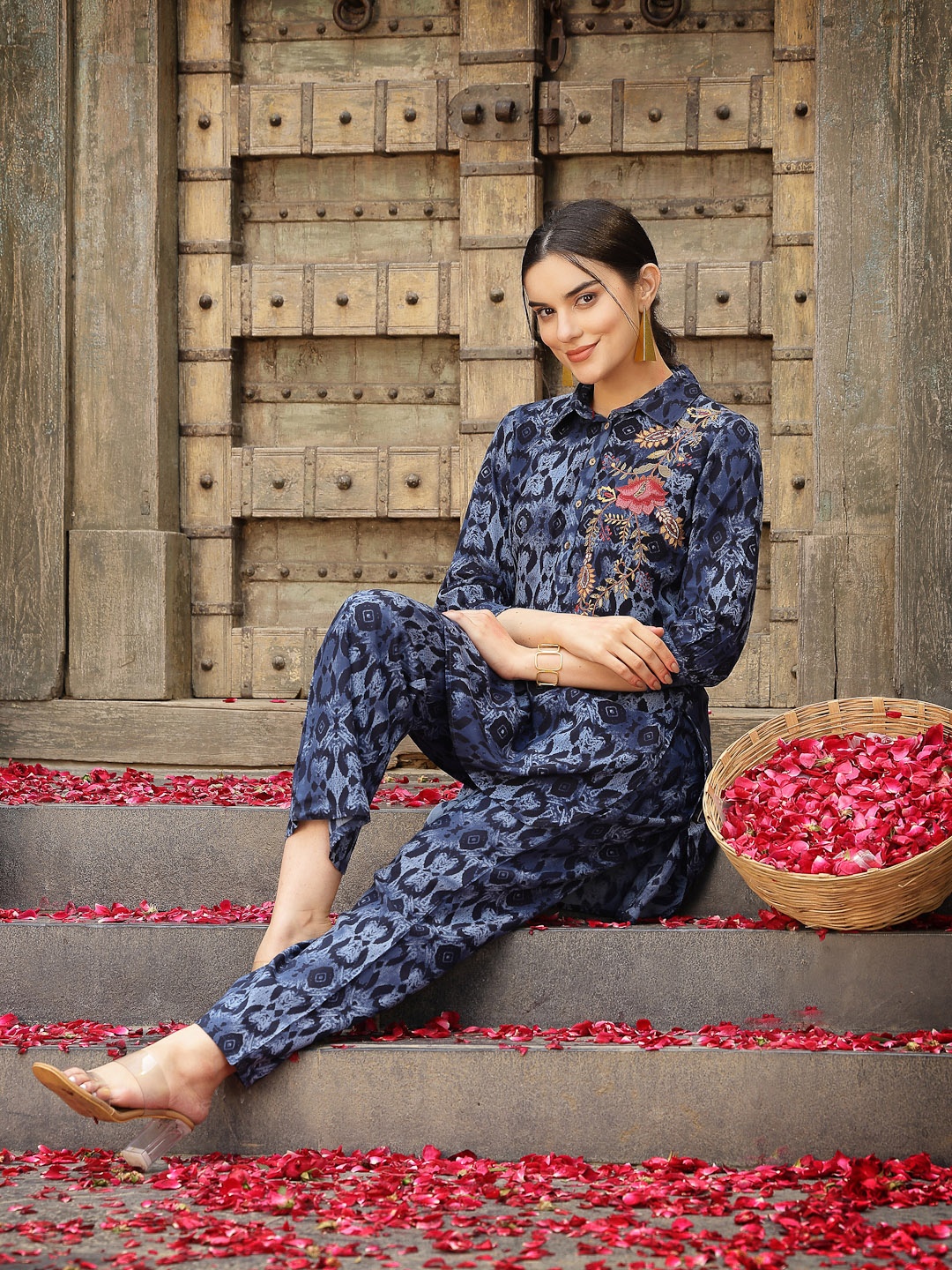 

Nayam By Lakshita Embroidered Printed Tunic & Palazzos Set, Blue