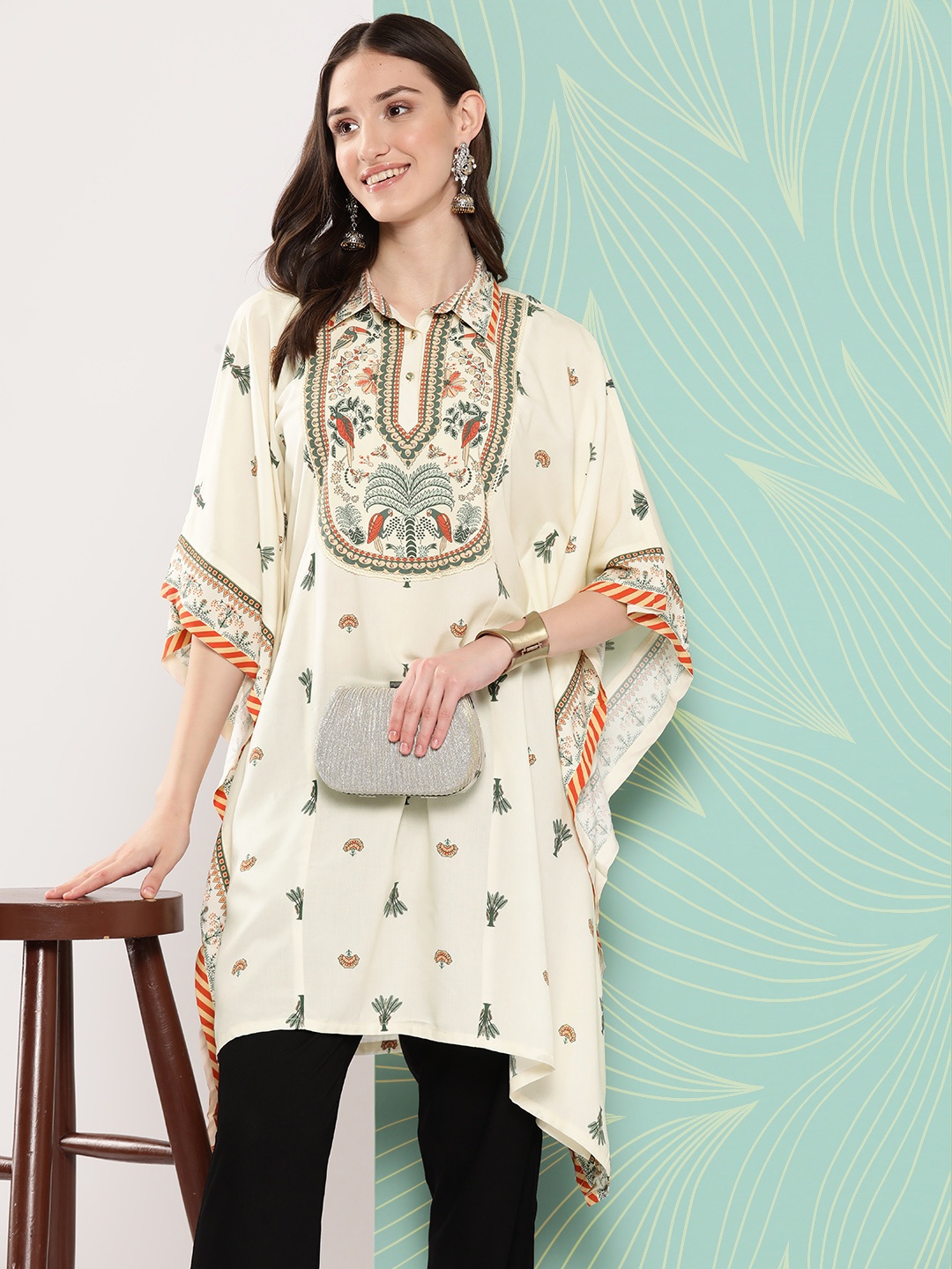

Nayam By Lakshita Floral Embroidered Flared Sleeves Mirror Work Kaftan Kurta, Cream