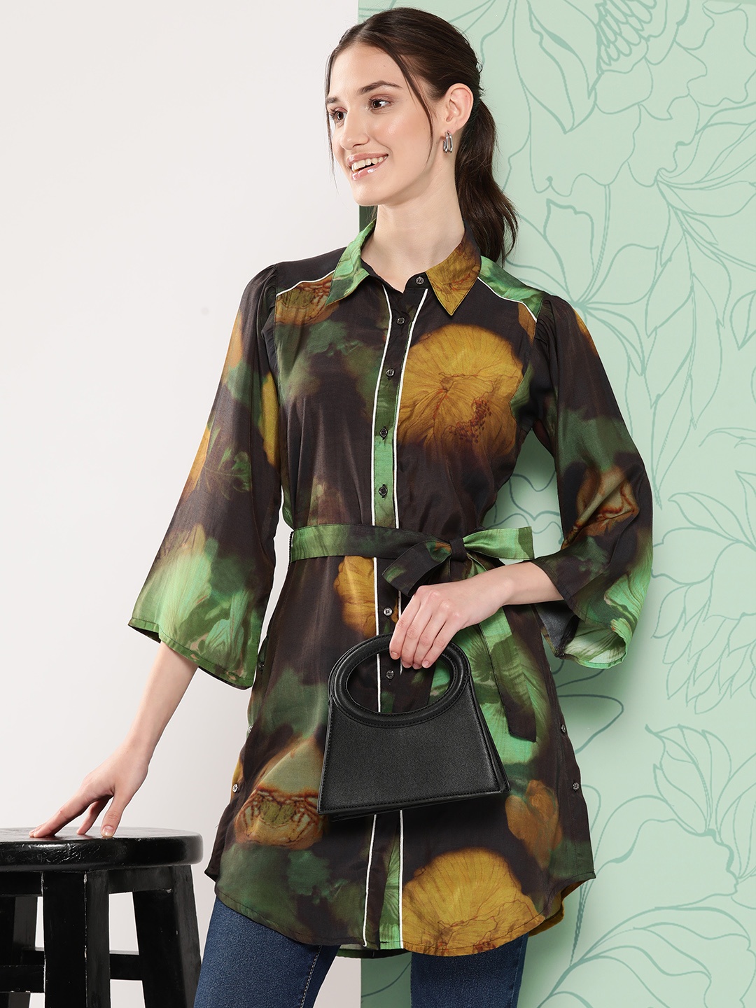 

Nayam By Lakshita Shirt Collar Printed Tunic, Olive