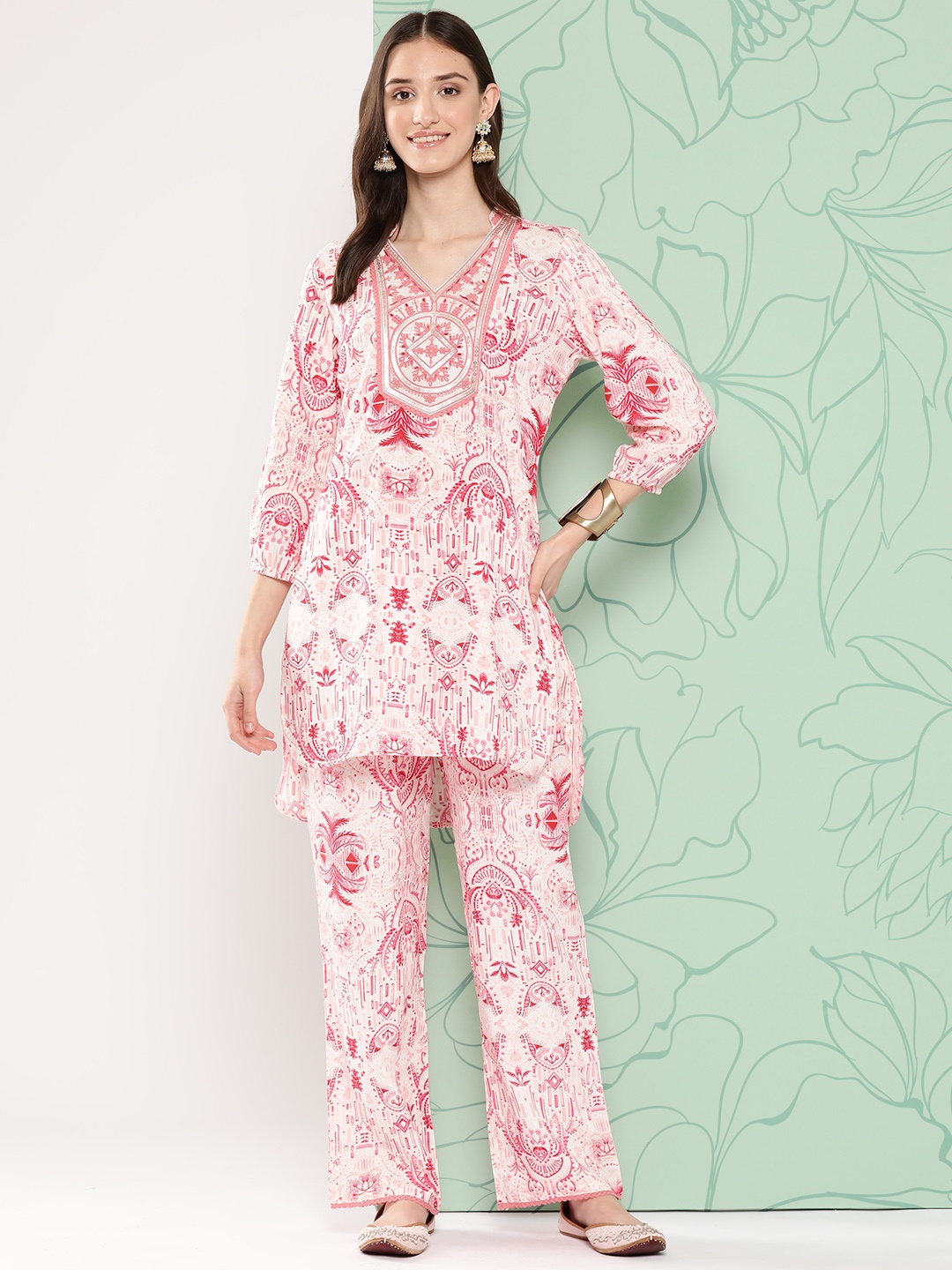 

Nayam By Lakshita Embroidered Printed Tunic & Palazzos Set, Pink