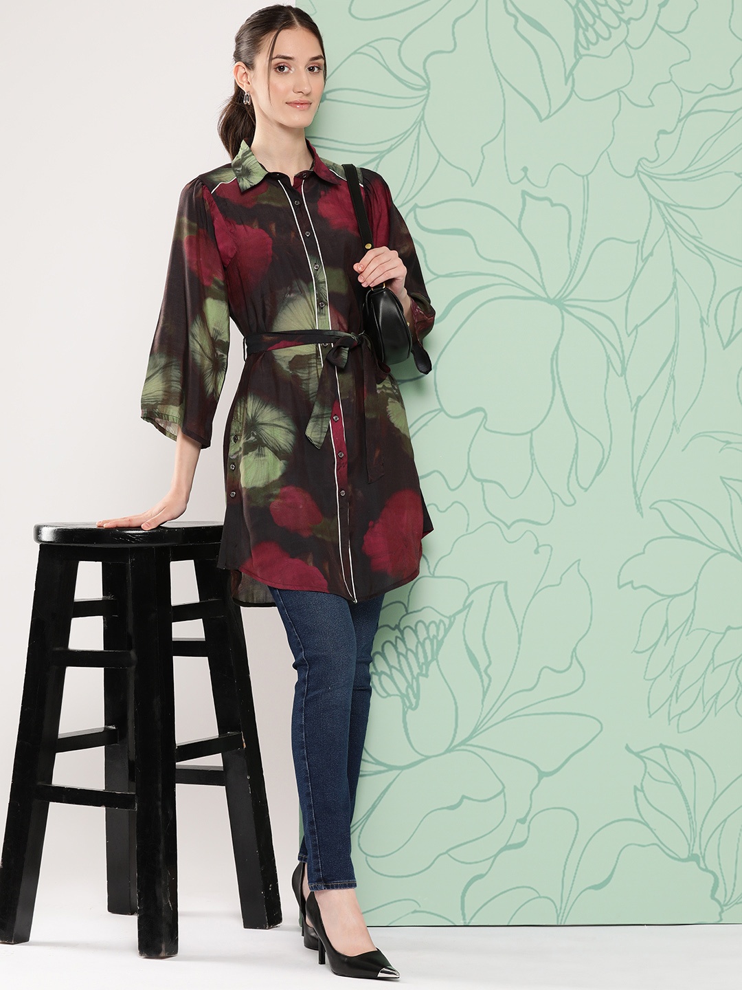 

Nayam By Lakshita Shirt Collar Printed Tunic, Maroon