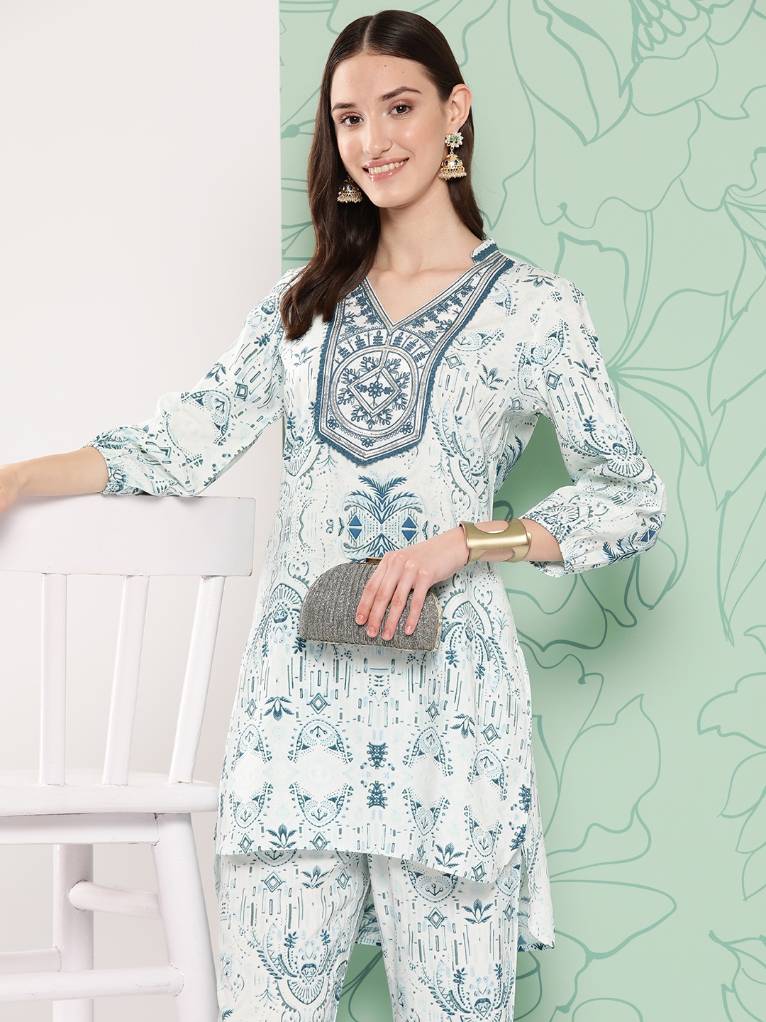 

Nayam By Lakshita Embroidered Printed Tunic & Palazzos Set, Blue