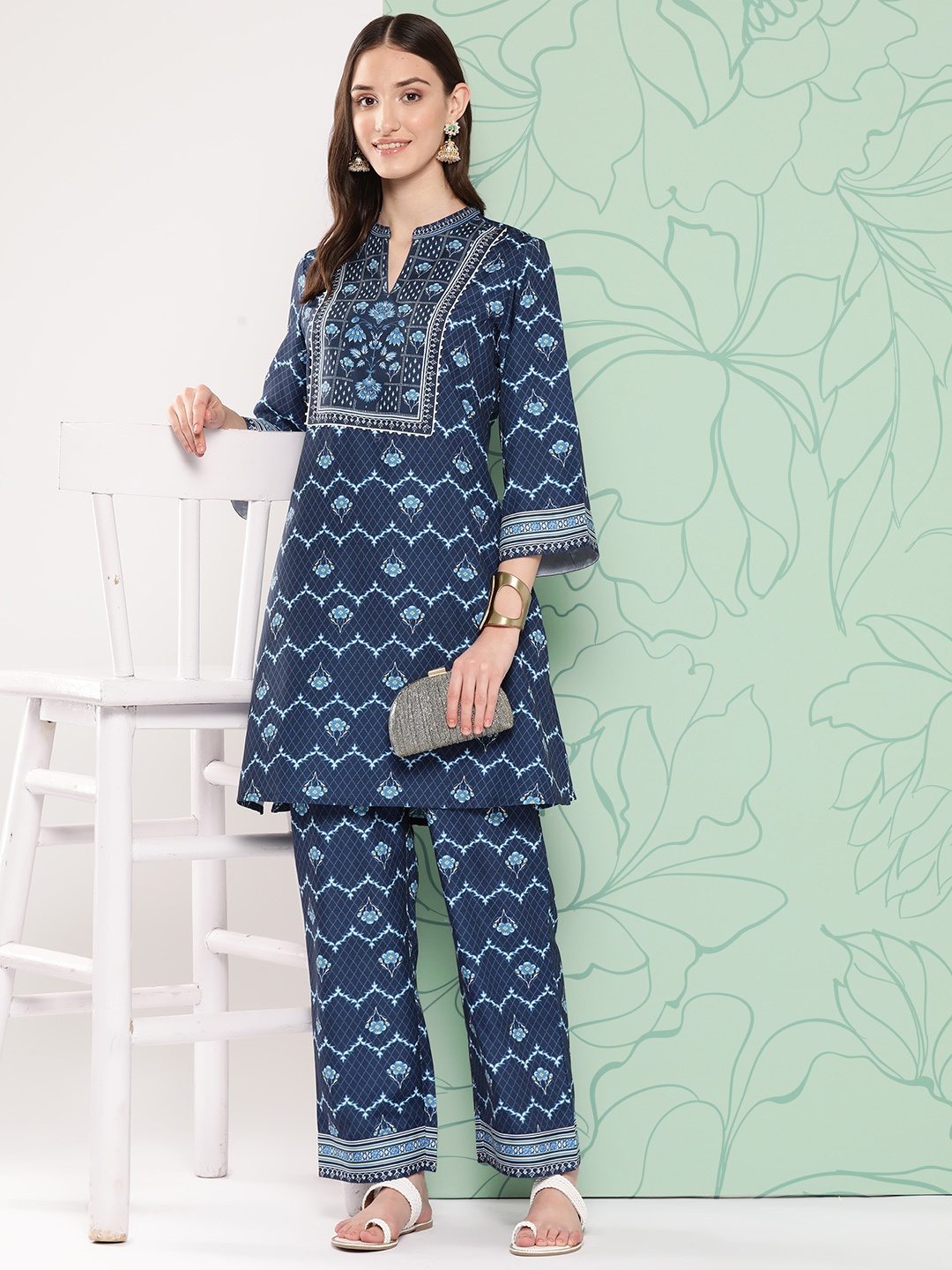 

Nayam By Lakshita Floral Printed Embellished Tunic & Palazzos Set, Blue