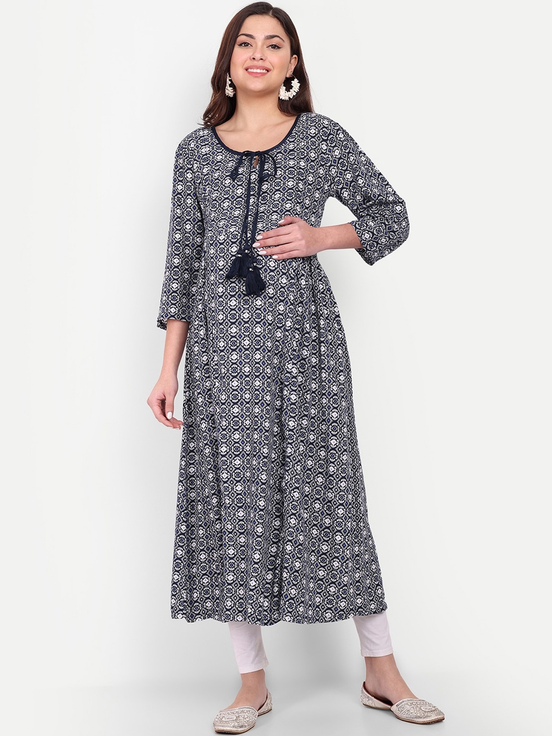 

Aaruvi Ruchi Verma Ethnic Motifs Printed Tie-Up Neck Maternity Anarkali Kurta, Navy blue