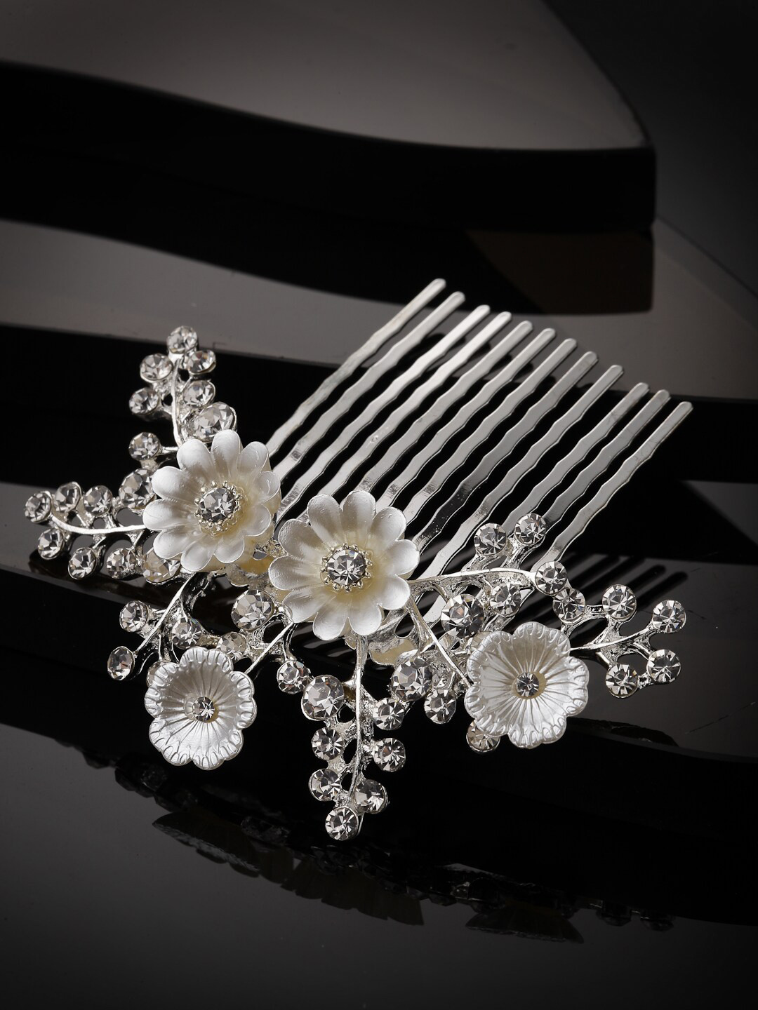 

PANASH Women Silver-Plated CZ Stone Studded Metal Floral Comb Pin, White
