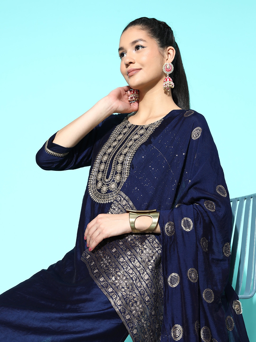 

SheWill Embroidered Regular Sequinned Kurta with Trousers & With Dupatta, Navy blue