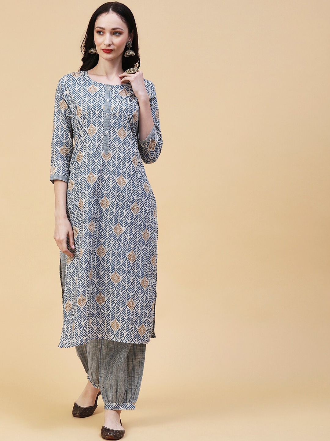 

FASHOR Ethnic Motifs Printed Pure Cotton Kurta with Harem Pants, Blue