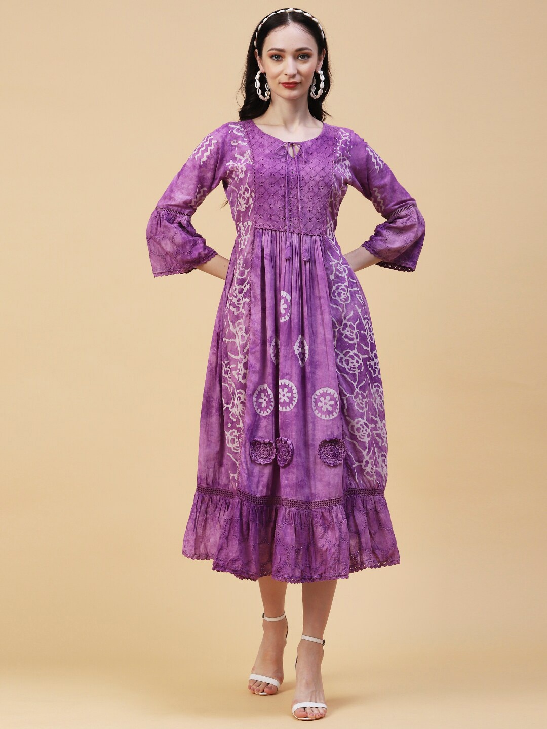

FASHOR Floral Printed Tie-Up Neck A-Line Midi Dress, Purple