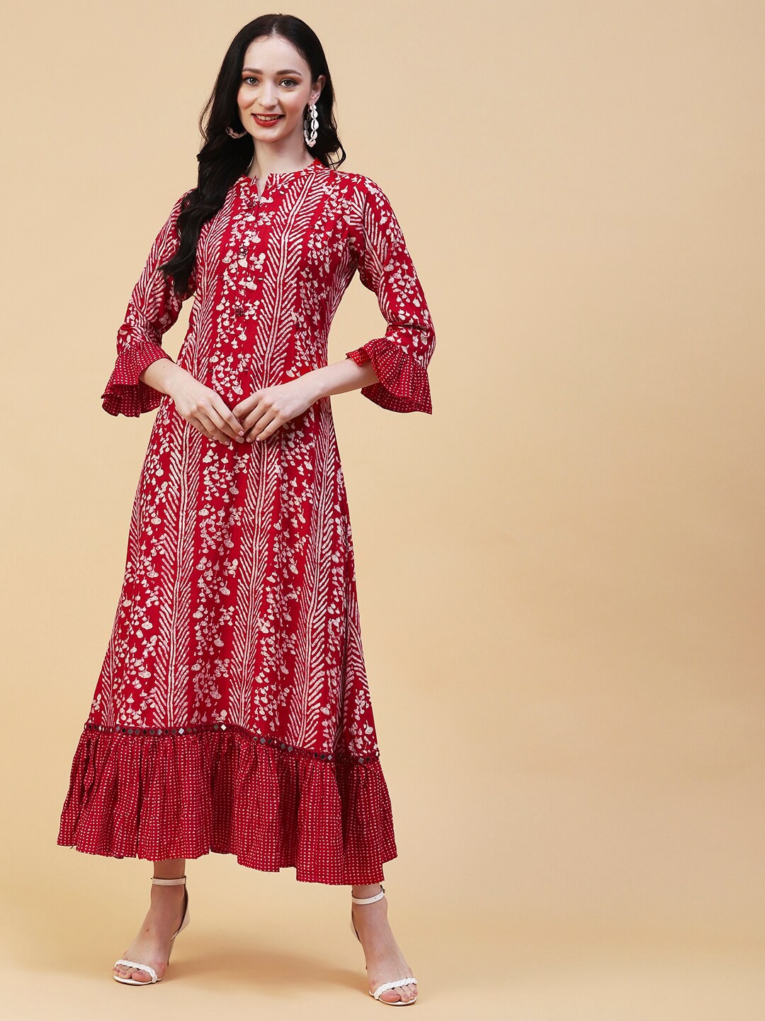 

FASHOR Ethnic Motifs Printed Fit & Flare Maxi Dress, Red
