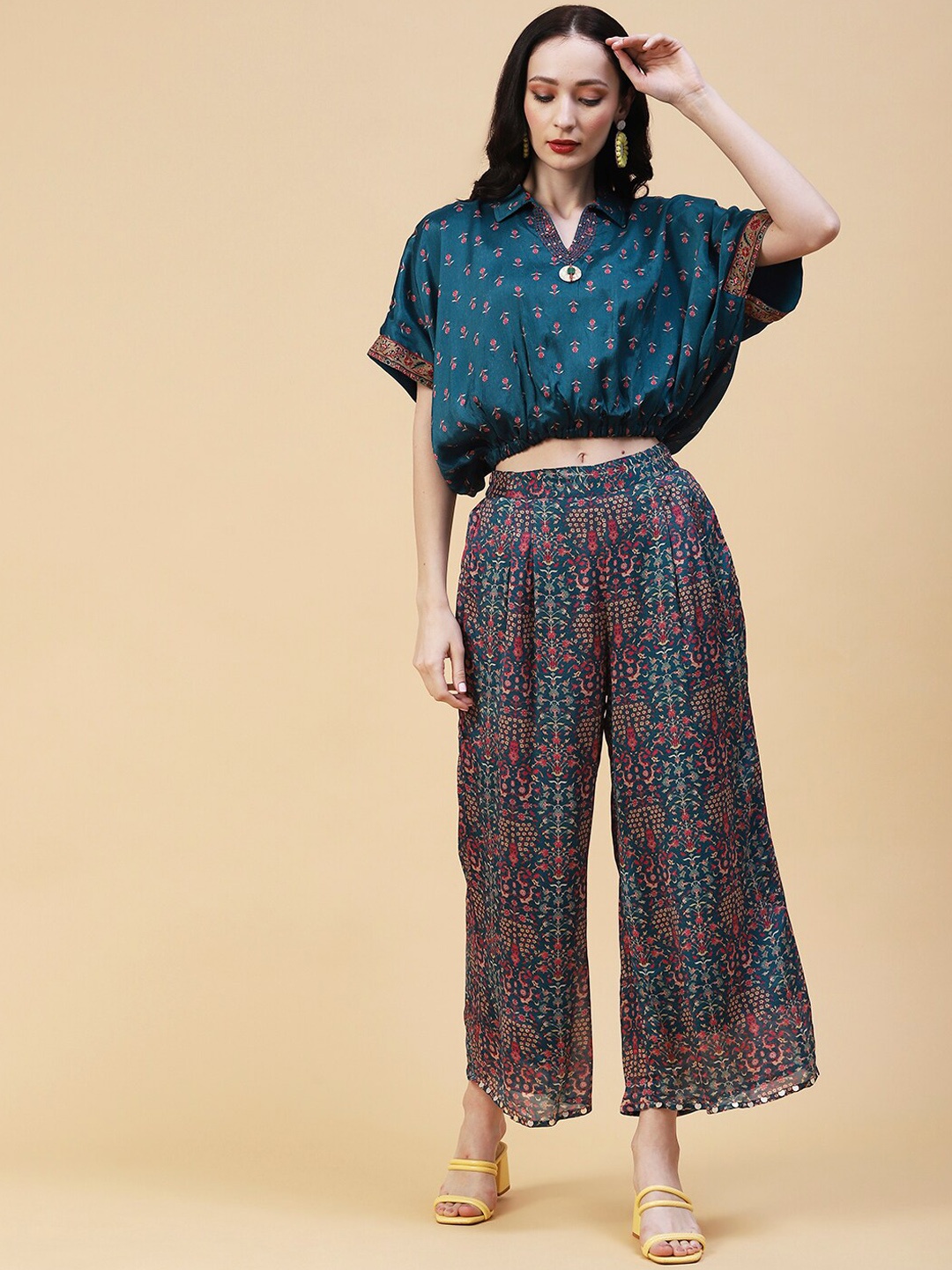 

FASHOR Women Printed Top with Palazzos With Sequinned Embellished, Teal