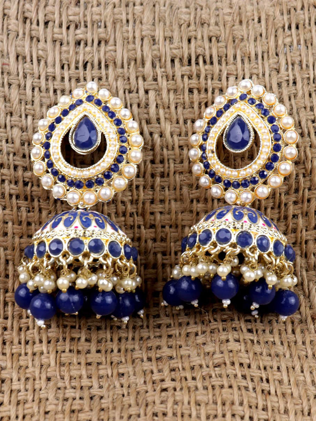 

VAGHBHATT Gold-Plated Stone Studded Dome Shaped Jhumkas, Blue