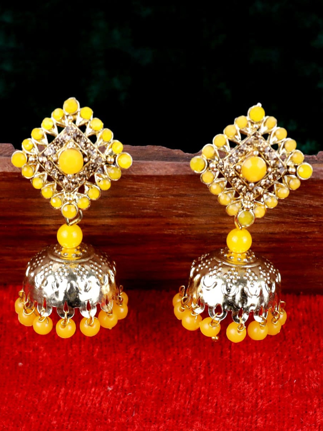 

VAGHBHATT Gold-Plated Meenakari Dome Shaped Jhumkas Earrings, Yellow