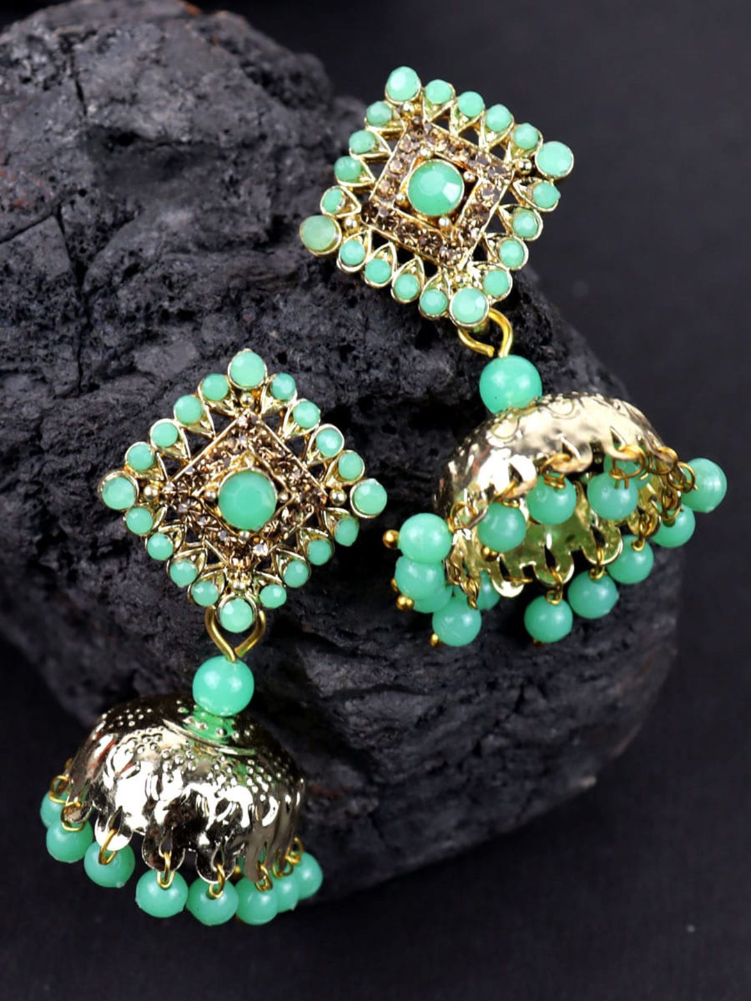 

VAGHBHATT Gold-Plated Geometric Meenakari Jhumkas Earrings, Sea green