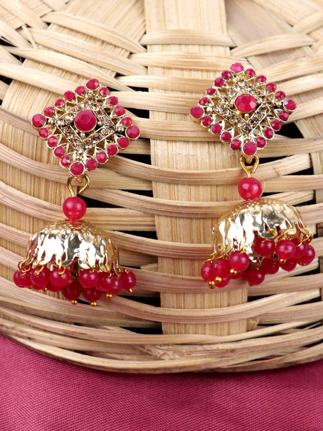 

VAGHBHATT Gold-Plated Geometric Meenakari Jhumkas Earrings, Red