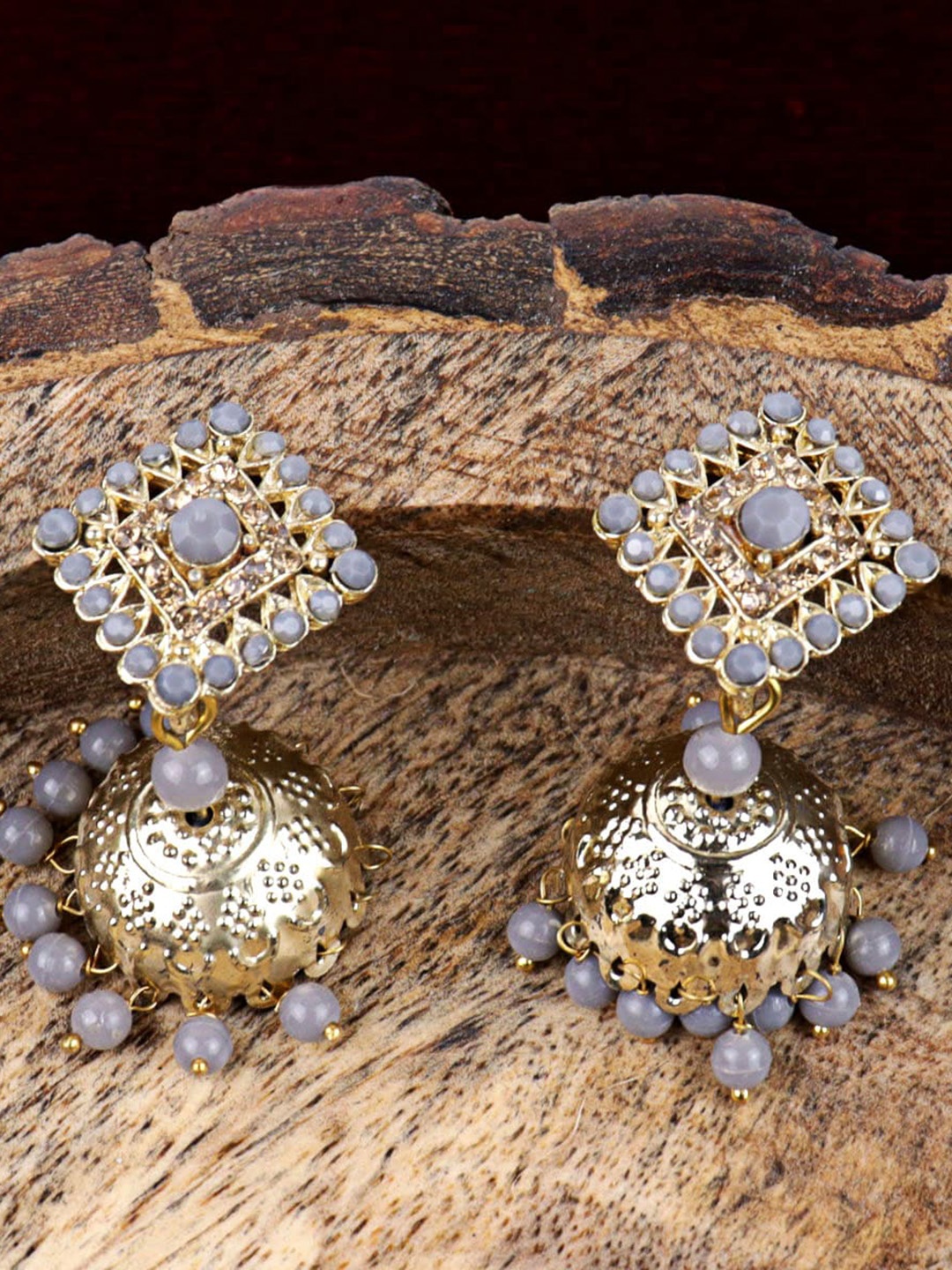 

VAGHBHATT Gold-Plated Dome Shaped Meenakari Jhumkas Earrings, Grey