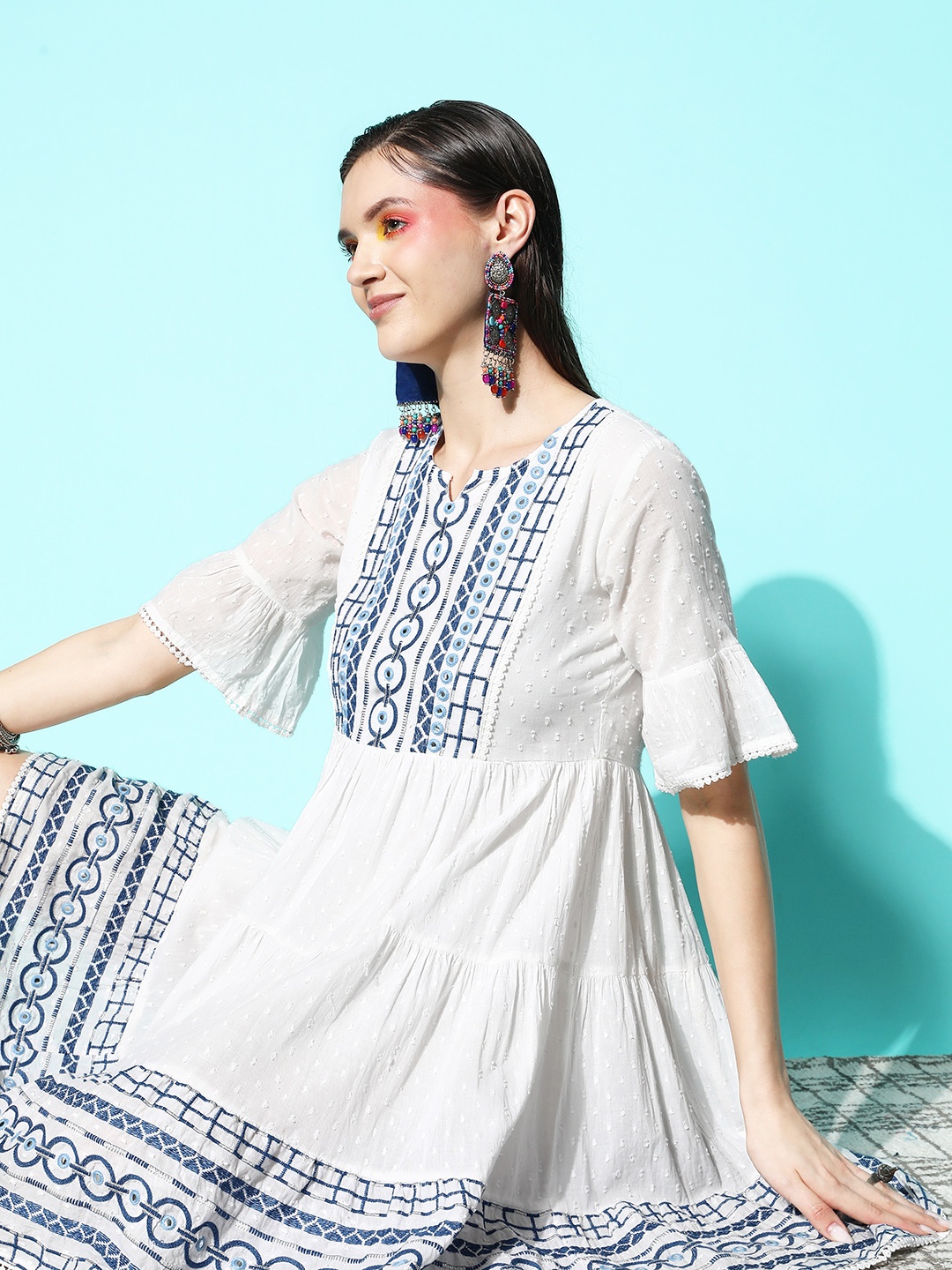 

Juniper Cotton Dobby Embroidered Tiered Dress, White