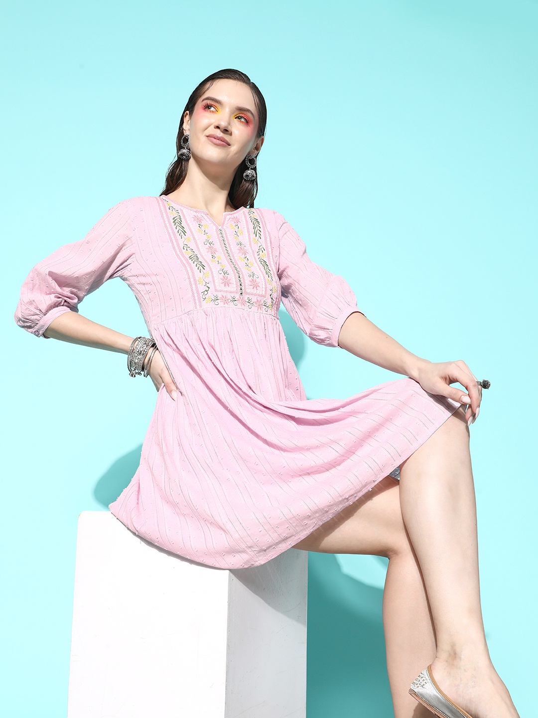 

Juniper Cotton Dobby Embroidered Tiered Dress, Lavender