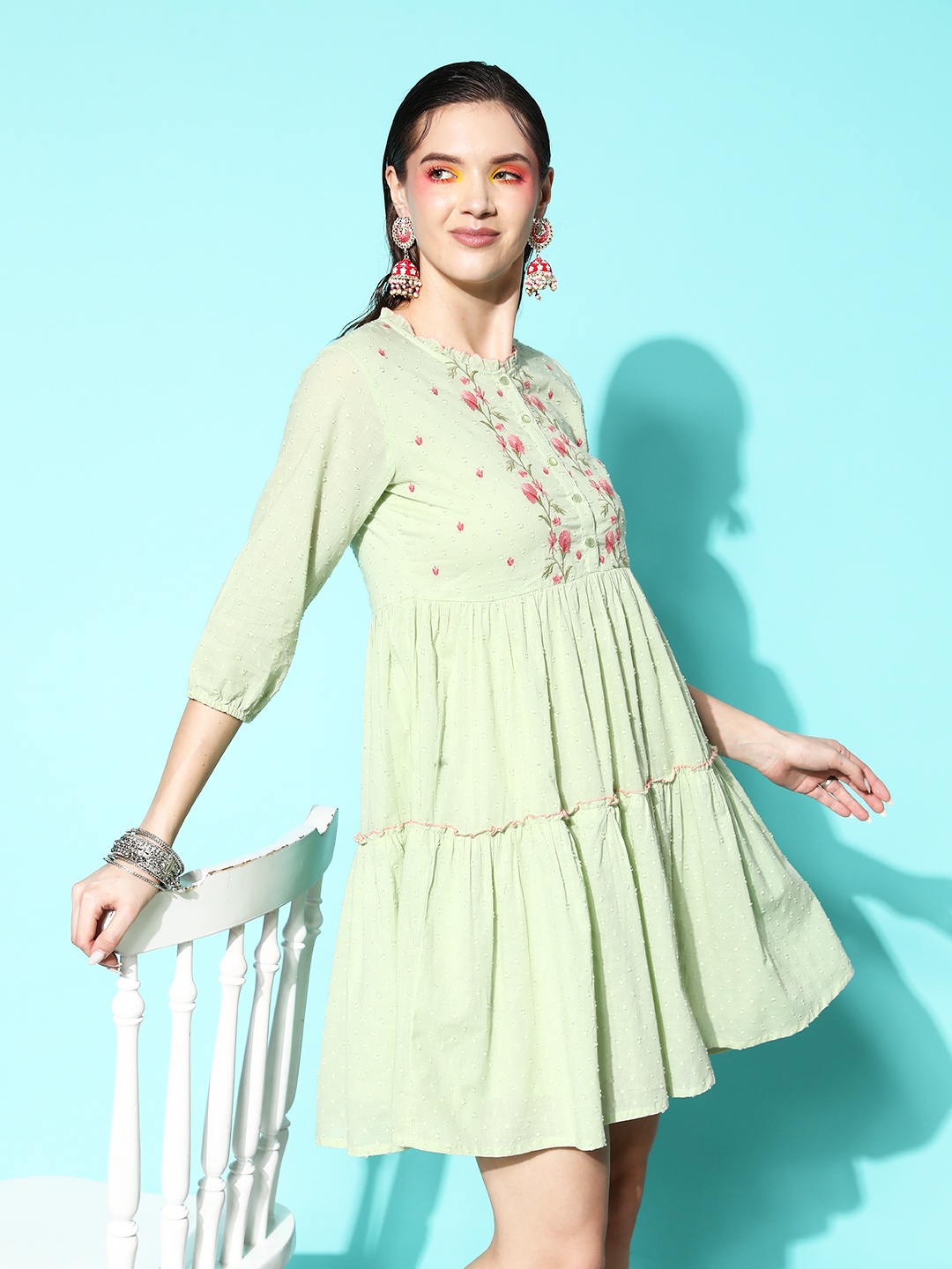 

Juniper Cotton Embroidered Tiered Dress, Green