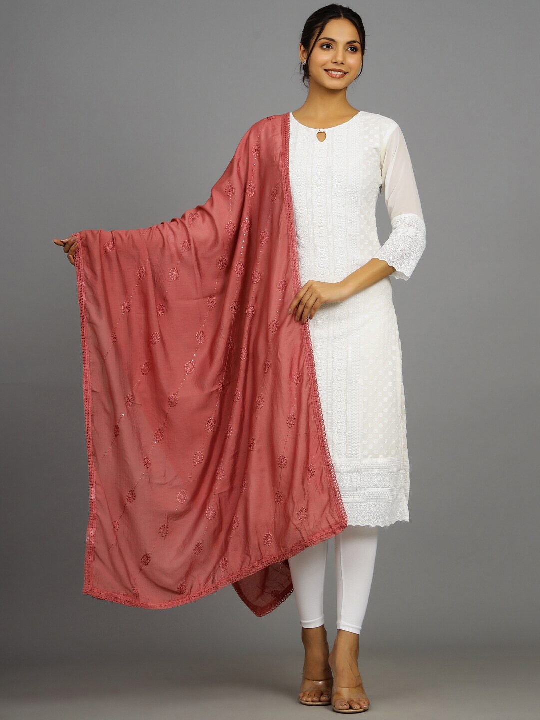 

HANDICRAFT PALACE Embroidered Dupatta With Sequinned, Rust