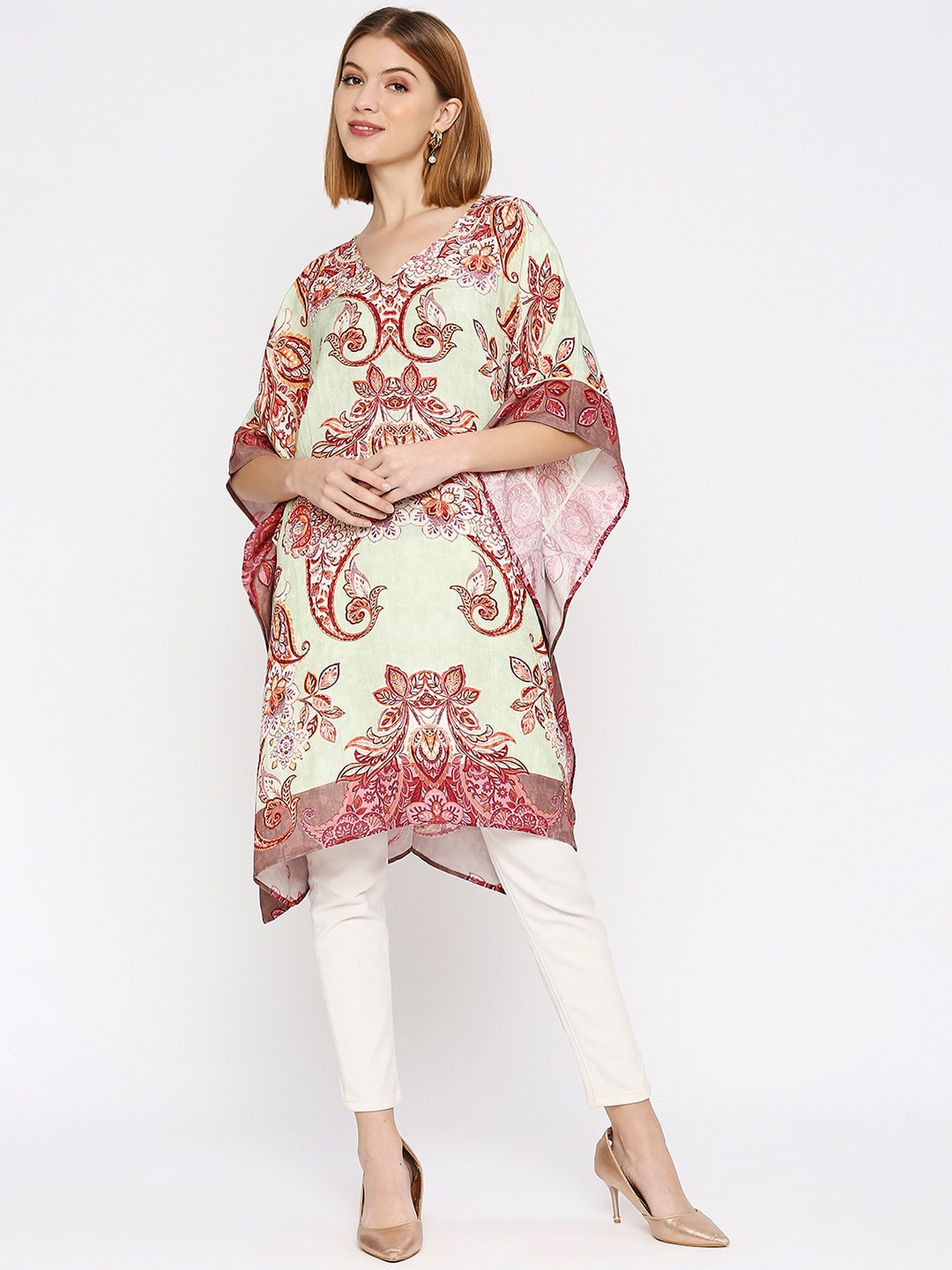 

Cloth Haus India Ethnic Motifs Printed Kaftan Linen Kurta, Beige