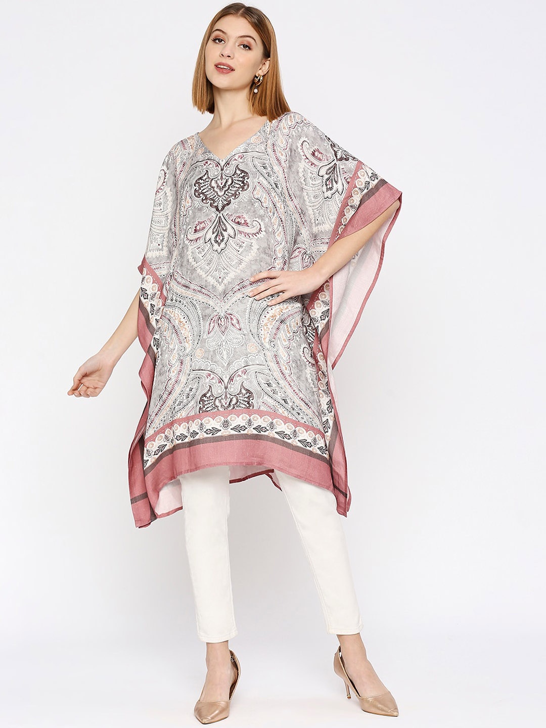 

Cloth Haus India Ethnic Motif Printed V Neck Kaftan Kurta, Grey