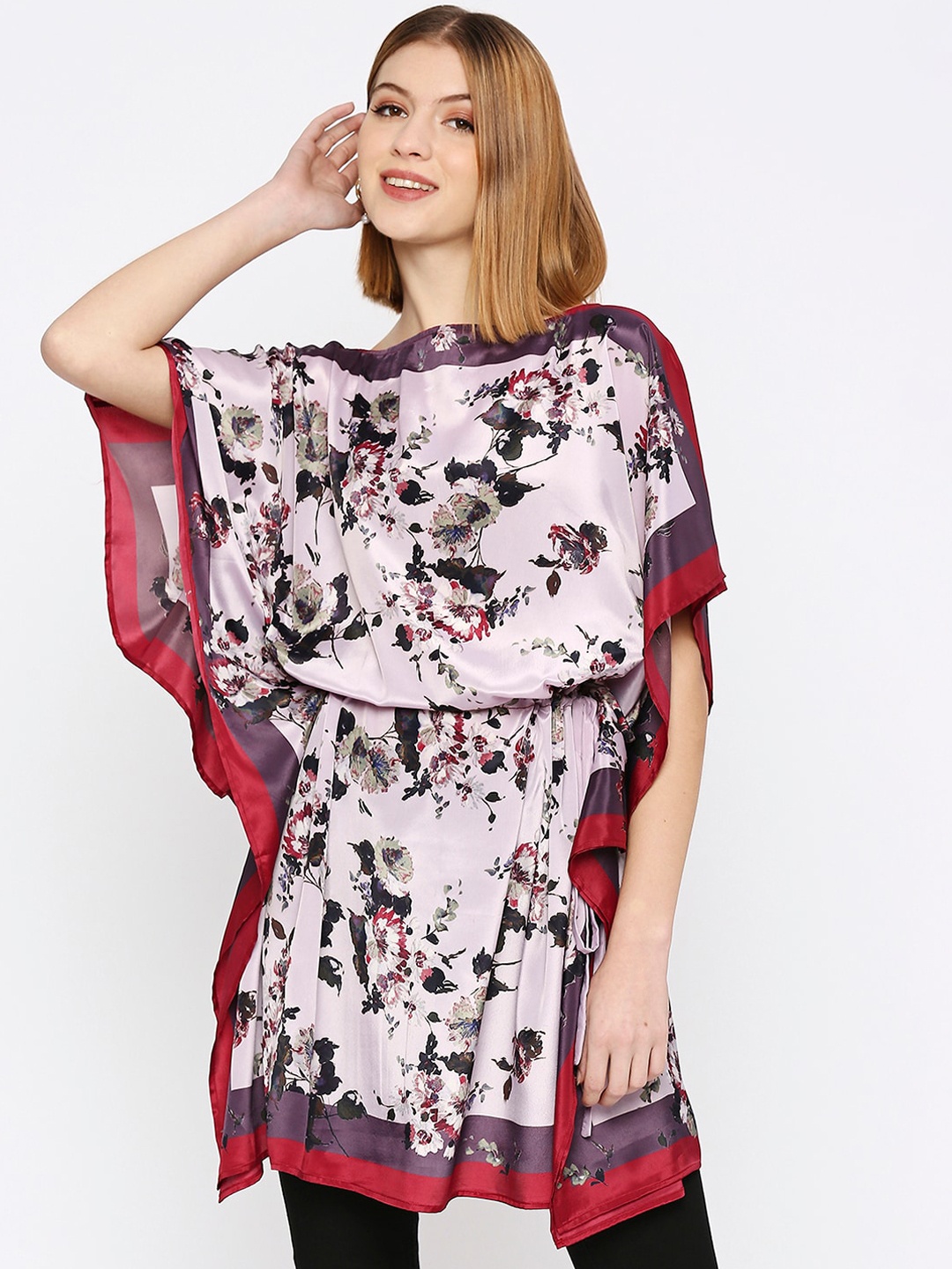 

Cloth Haus India Pleated Flared Sleeves Boat Neck Floral Printed Kaftan Kurta, Mauve