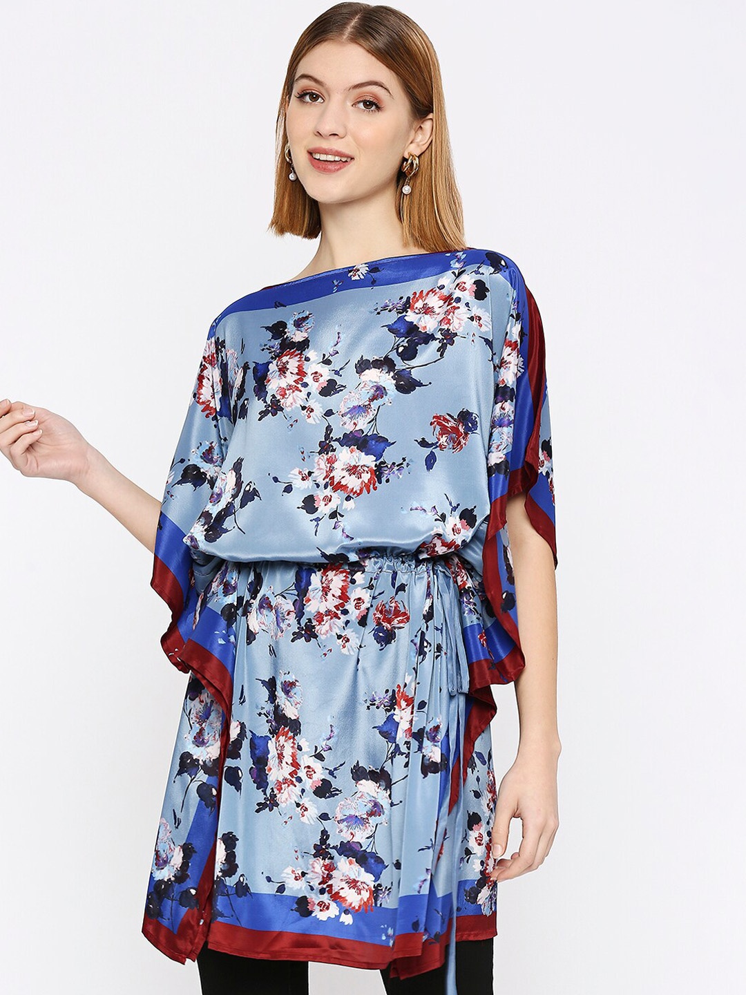 Cloth Haus India Pleated Flared Sleeves Boat Neck Floral Printed Kaftan Kurta, Blue
