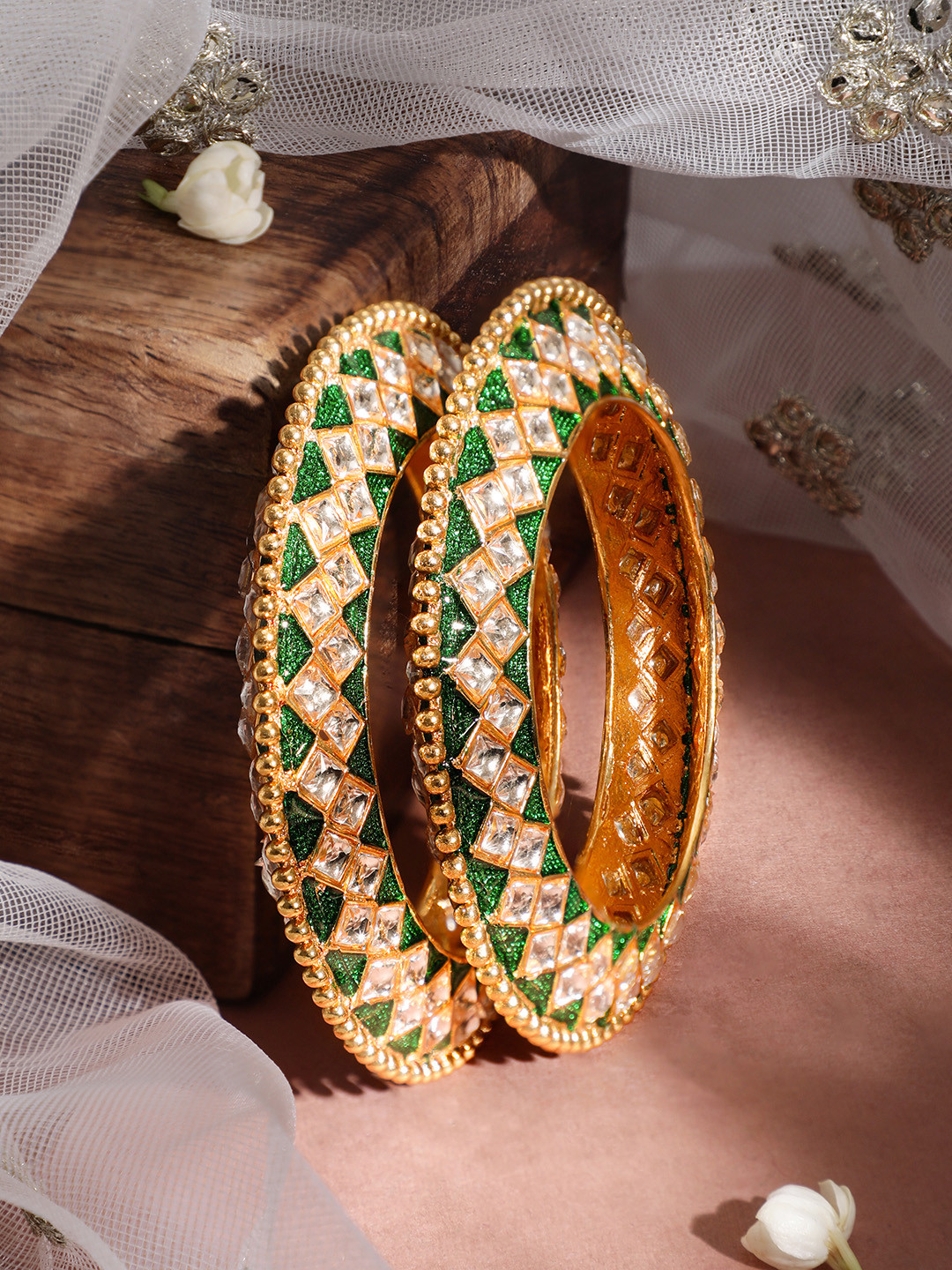 

Rubans Set Of 2 24K Gold-Plated Kundan-Studded Bangles, White