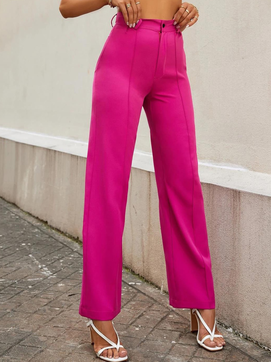 

Kotty Women Relaxed Straight Fit High-Rise Easy Wash Parallel Trousers, Pink