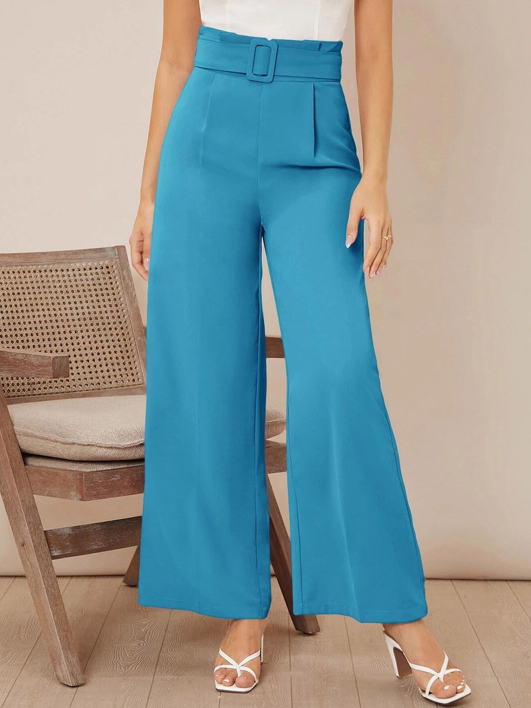 

KOTTY BIZwear Women Relaxed High-Rise Easy Wash Pleated Parallel Trousers, Blue