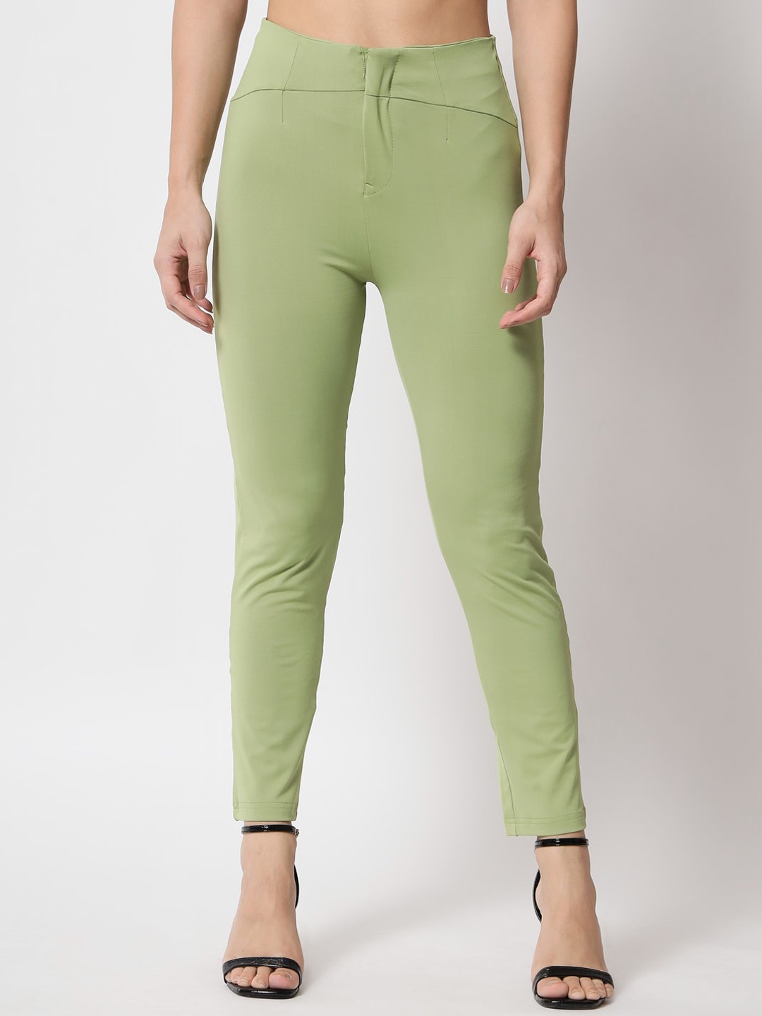 

Kotty Women Relaxed Skinny Fit High-Rise Easy Wash Trousers, Green