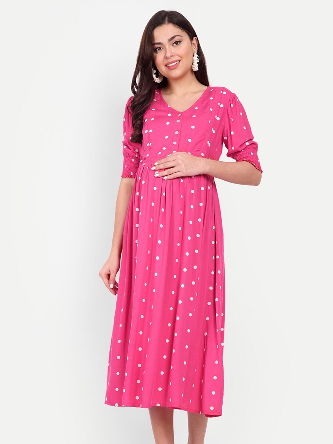

Aaruvi Ruchi Verma Polka Dots Printed Maternity A-Line Midi Dress, Pink