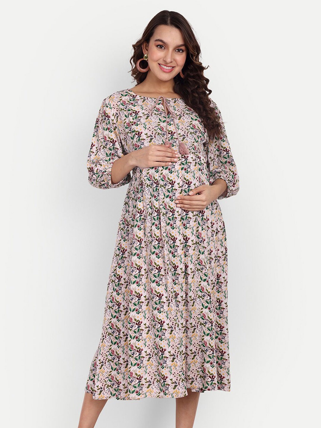 

Aaruvi Ruchi Verma Tie-Up Neck Floral Printed Midi Fit And Flare Maternity Dress, Pink