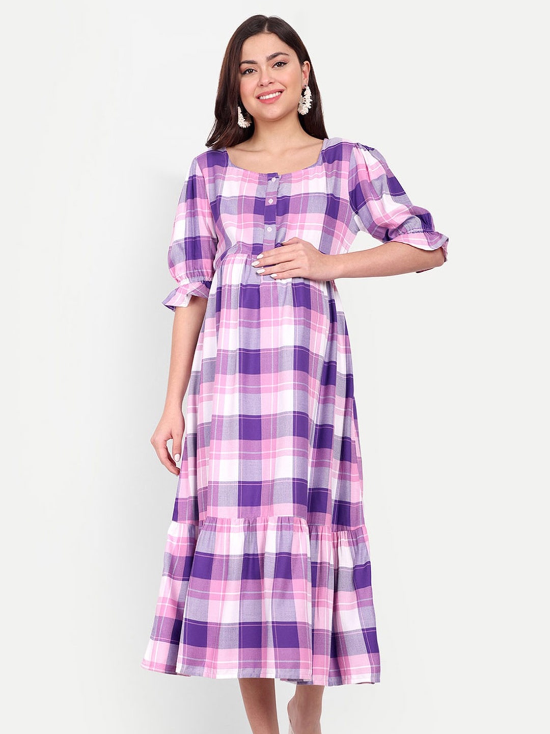 

Aaruvi Ruchi Verma Checked Maternity Fit and Flare Dress, Purple