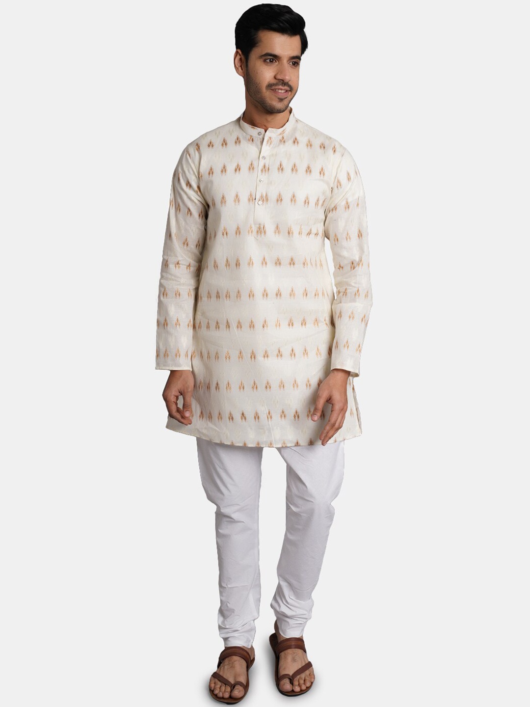 

Wintage Mandarin Collar Ethnic Motifs Woven Design Straight Kurta with Churidar, Beige