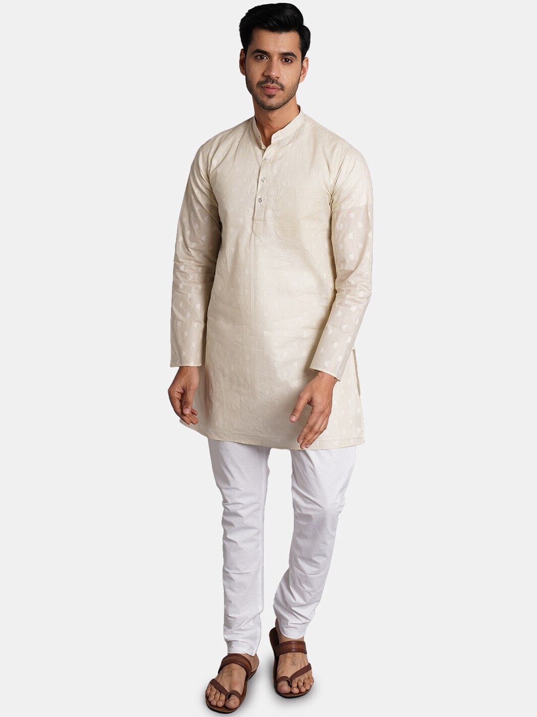 

Wintage Mandarin Collar Woven Design Straight Kurta with Churidar, Beige
