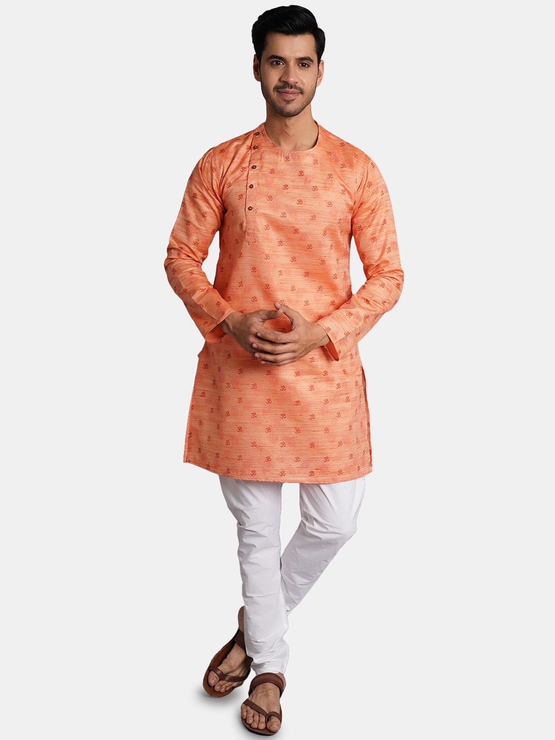 

Wintage Above Knee Ethnic Motifs Printed Straight Kurta with Churidar, Orange
