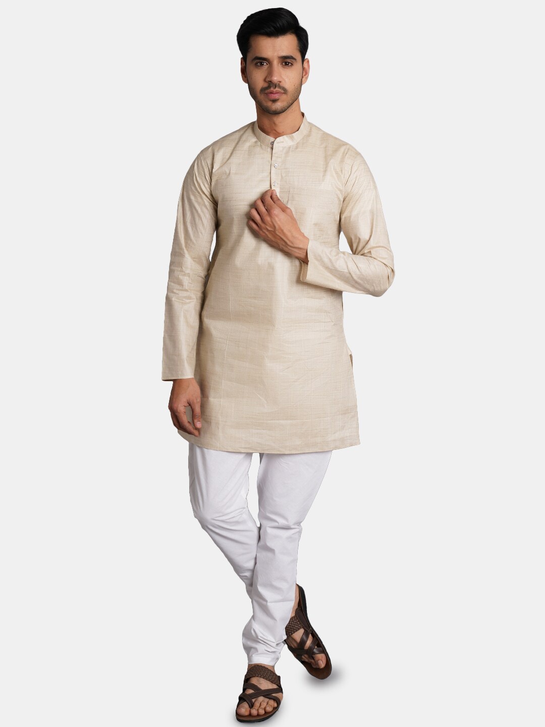 

Wintage Mandarin Collar Straight Kurta with Churidar, Beige