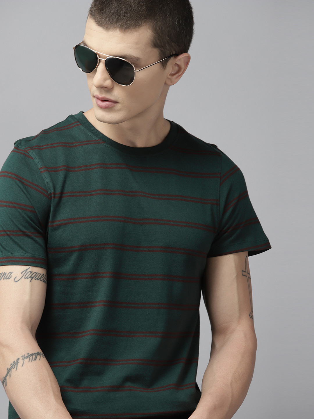 

Roadster Striped Pure Cotton T-shirt, Green