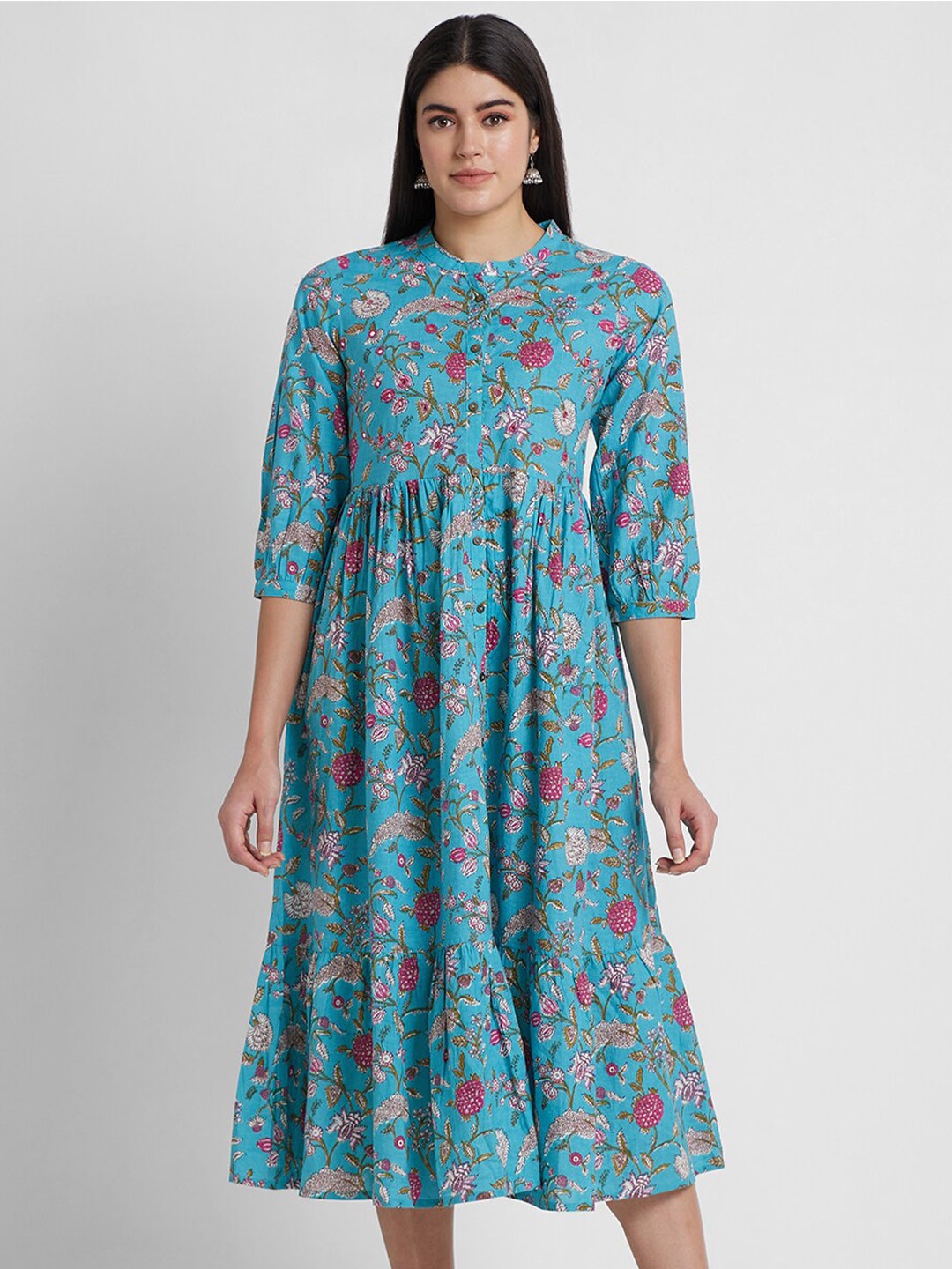 

Globus Mandarin Collar Floral Printed Gathered A-Line Pure Cotton Midi Dress, Blue