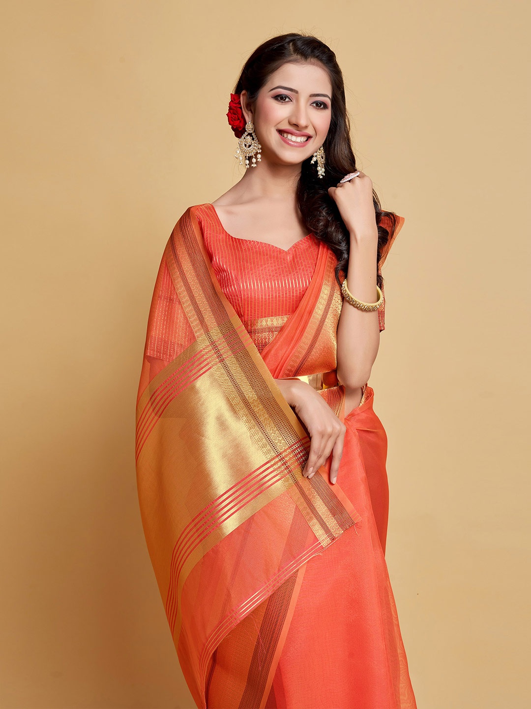 

Sangria Woven Design Border Art Silk Banarasi Saree, Peach