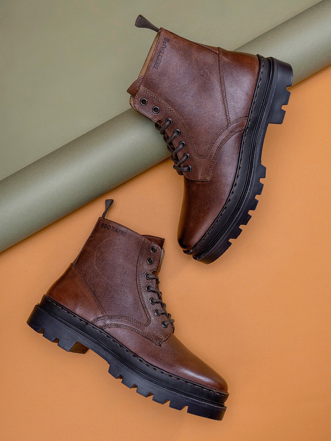 

Red Tape Men Mid Top Block-Heeled Leather Biker Boots, Brown