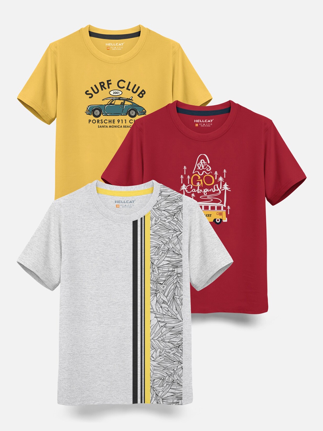 

HELLCAT Boys Pack Of 3 Printed Cotton T-shirt, Mustard