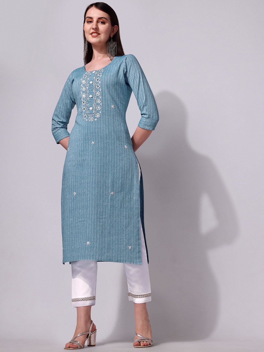 

Berrylicious Straight Striped Thread Work Pure Cotton Kurta with Trousers, Blue