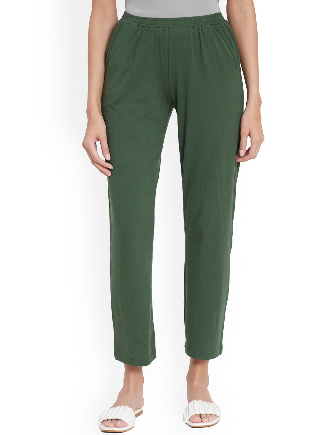 

UNMADE Women Cotton Inner Elastic Mid-Rise Slip-On Lounge Pants, Green