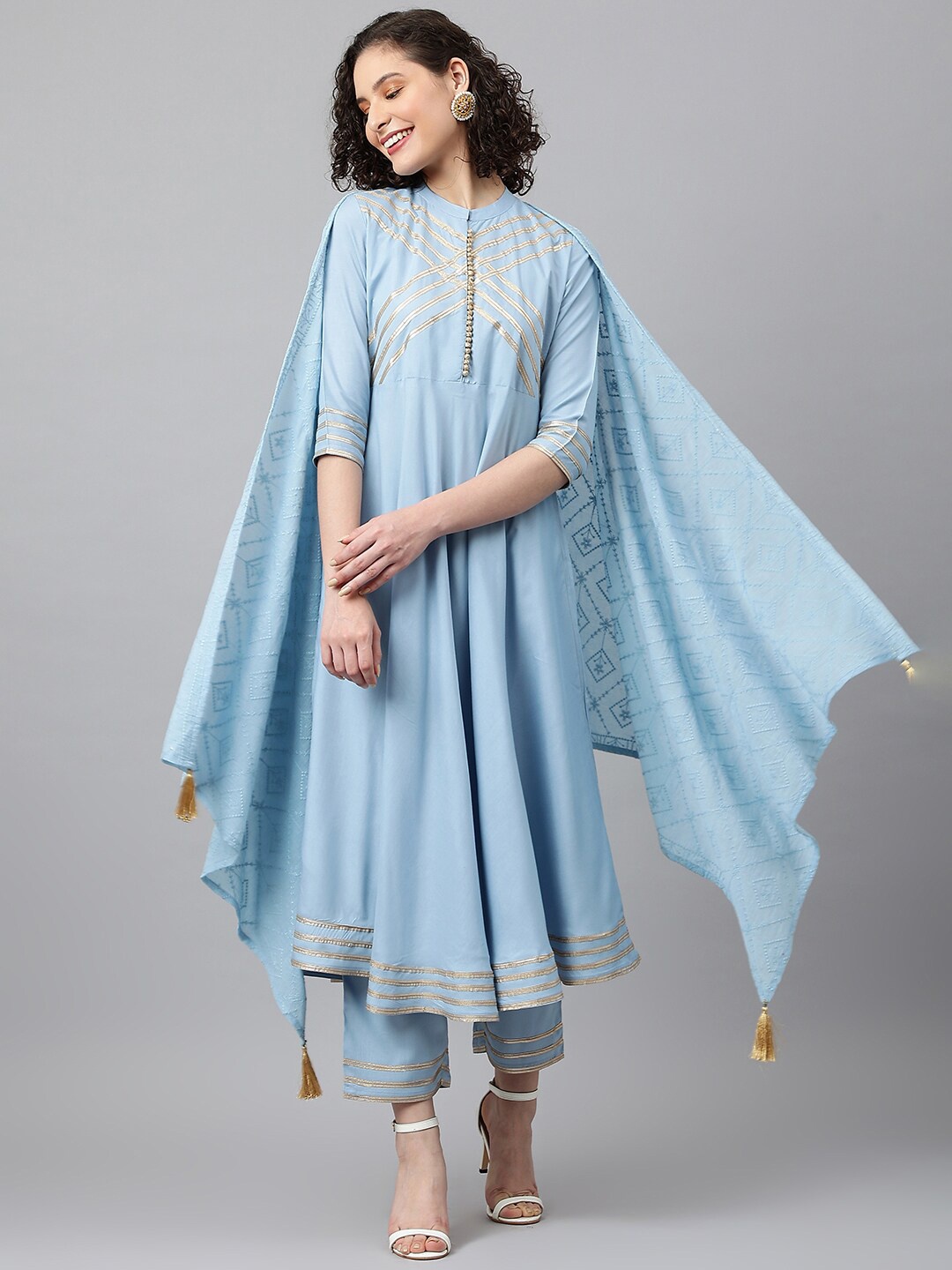 

Khushal K Mandarin Collar A-Line Kurta With Trousers & Dupatta, Blue